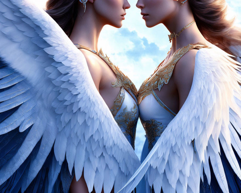 Ethereal women with angelic wings in gold-trimmed attire against vibrant sky