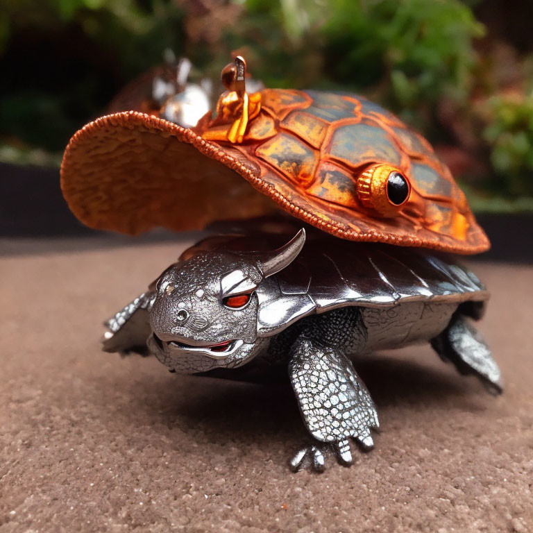 Detailed Toy Turtle with Textured Shell and Dragon-Like Head on Blurred Natural Background