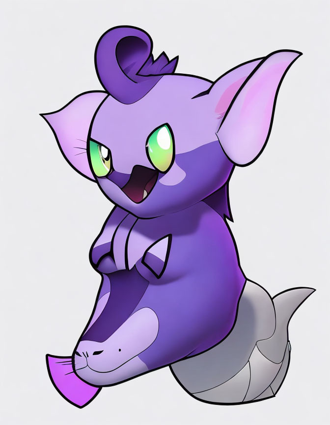 Purple animated creature with large ears, green eyes, and coiled tail.
