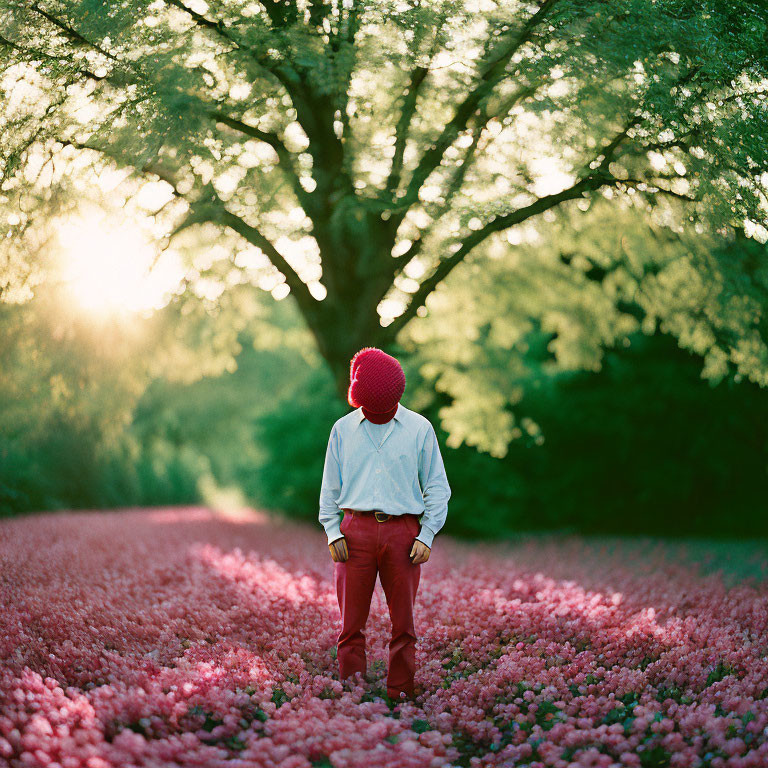 Person in Red Pants and Pink Hat Standing Under Large Tree in Field of Pink Flowers at Sunset