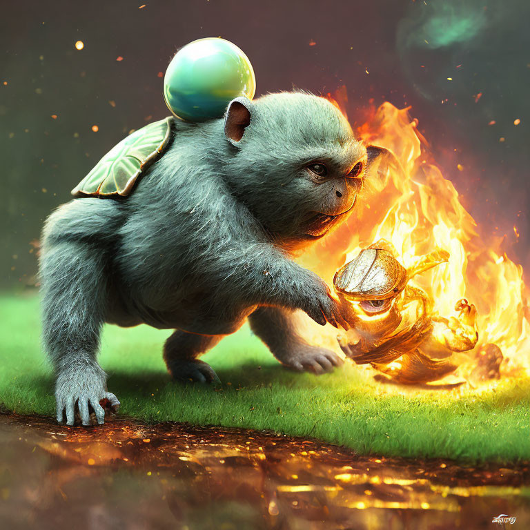 Turtle-monkey hybrid with shell and orbs interacting with fiery swirl on grassy terrain