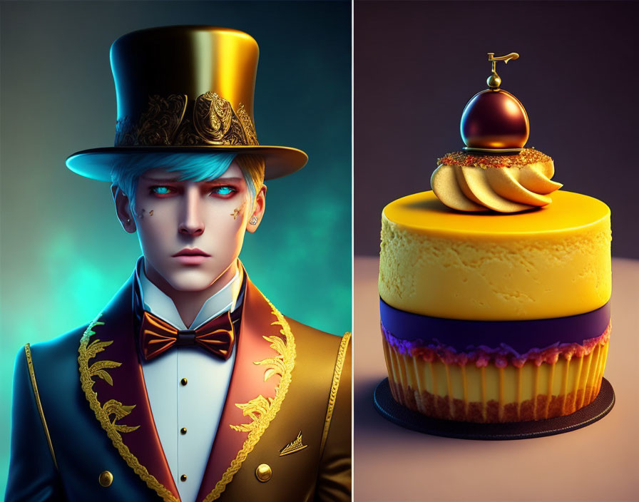 Split Image: Stylish Man in Top Hat & Ornate Layered Dessert