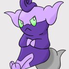 Purple animated creature with large ears, green eyes, and coiled tail.