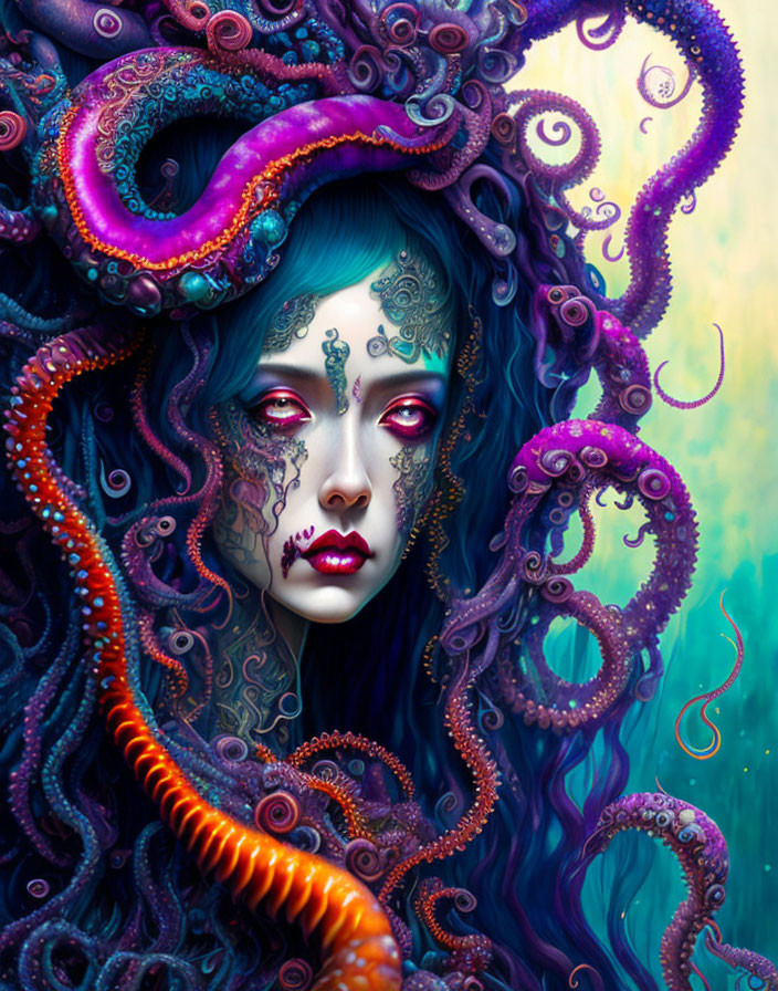 Blue-skinned woman with red eyes and octopus tentacles in fantastical image