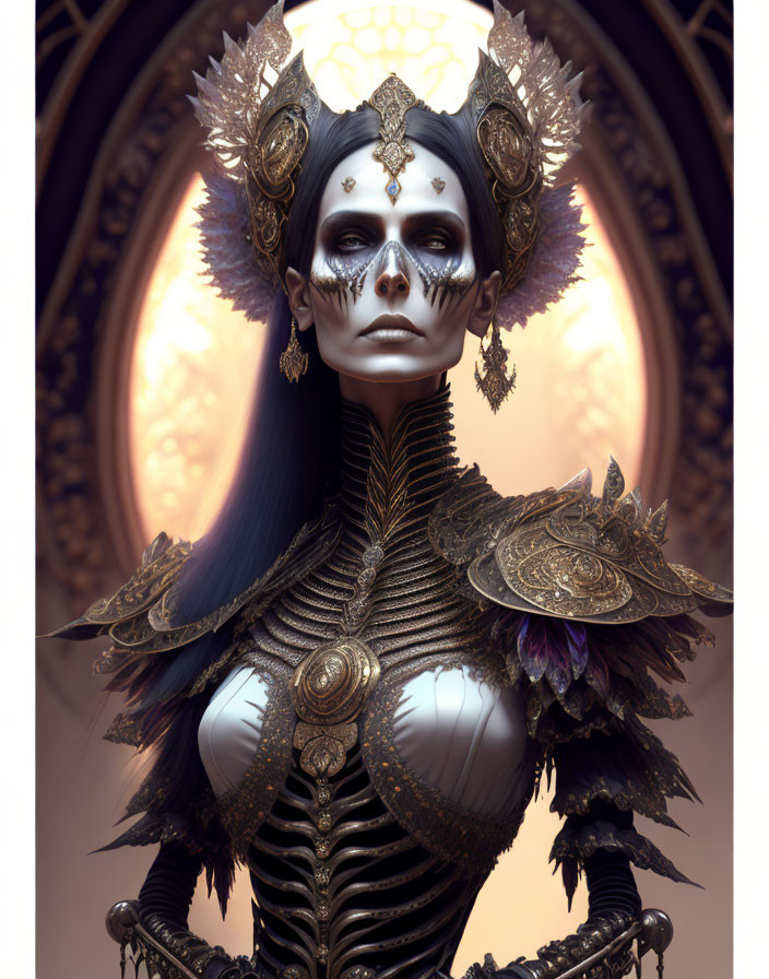 Dark fantasy female figure with golden shoulder plates, skeletal motifs, gothic makeup.