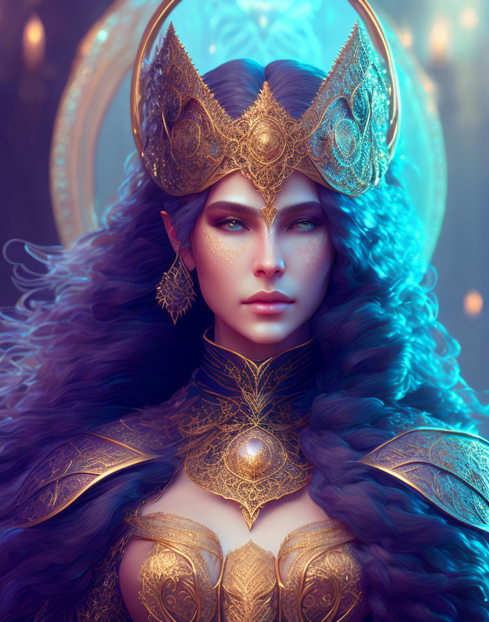 Ethereal woman with long wavy hair in golden armor portrait.