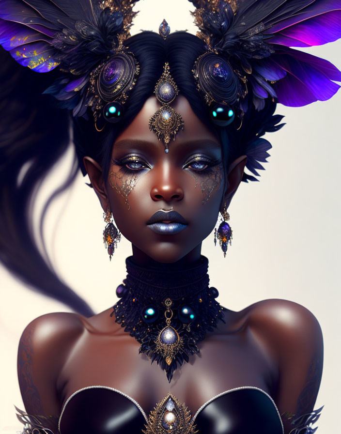 Digital artwork: Dark-skinned woman with golden jewelry, feathers, tattoos, and purple accents