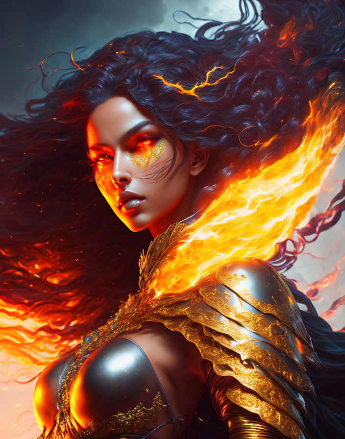 Digital Art Portrait of Woman with Dark Hair, Fiery Armor, and Glowing Eye