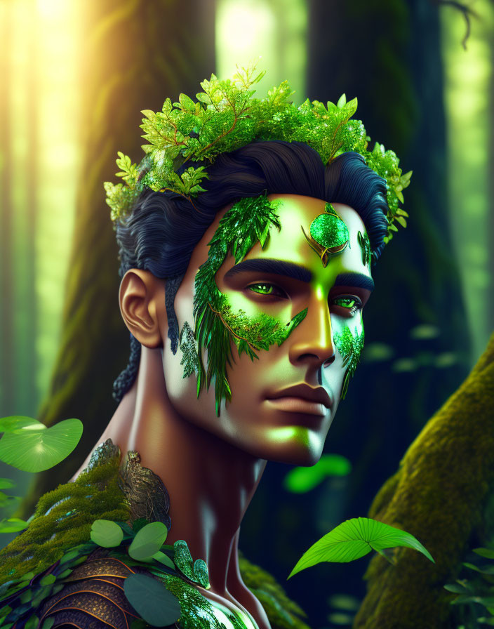 Fantastical male figure with green foliage makeup in mystical forest scene
