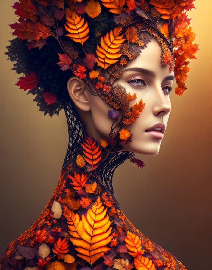 Digital artwork: Woman with autumn leaves in hair and branch dress