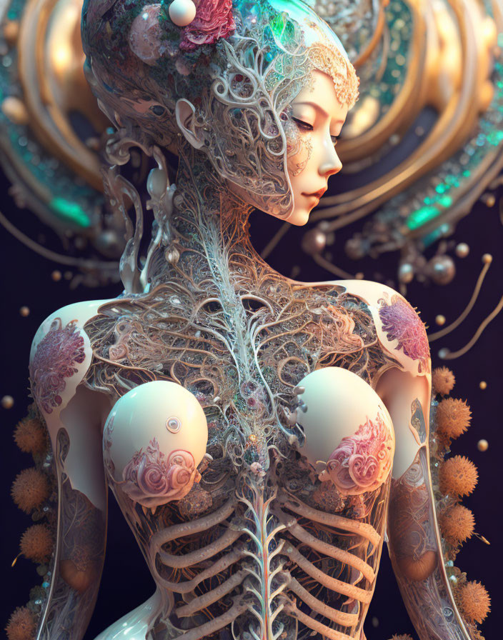 Digital artwork of female figure with ornate cybernetic enhancements and decorative headpiece in mystical setting