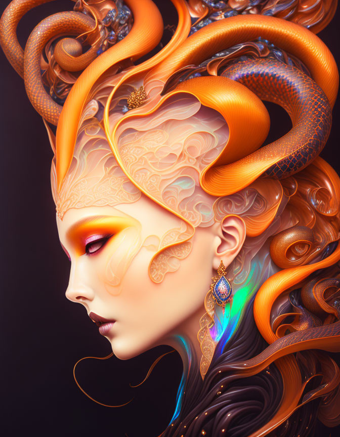 Stylized portrait of woman with ornate orange and blue headpiece