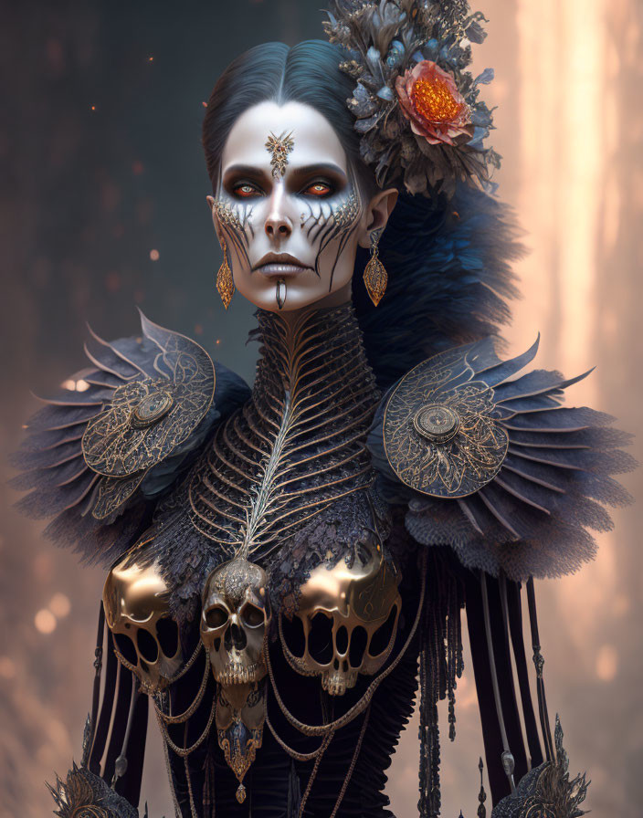 Intricate skeletal makeup with feathered crown and ornate outfit