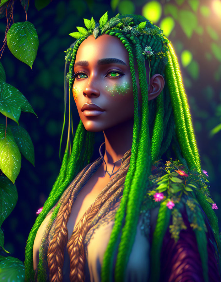 Woman with Green Braided Hair and Nature-Inspired Theme