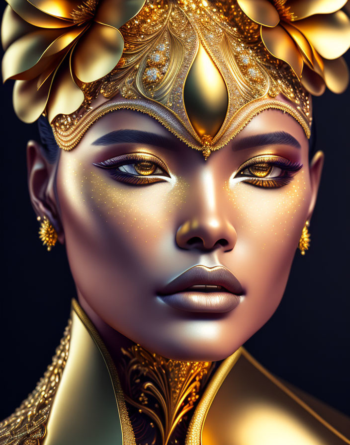 Regal woman portrait with golden headdress and jewelry