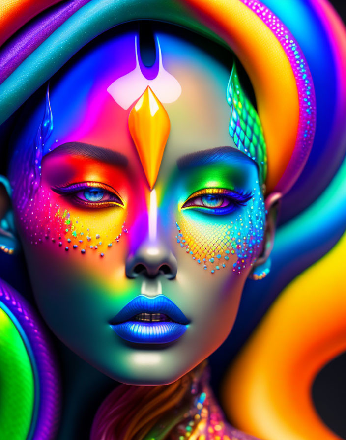 Colorful digital artwork of female figure with multicolored skin and makeup