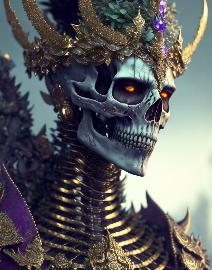 Ornate skull with glowing eyes, golden crown, and purple accents