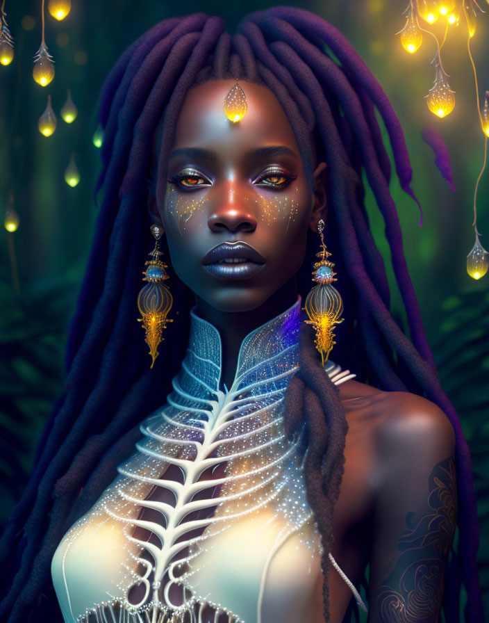 Mystical woman with dreadlocks and ornate gold jewelry in lush greenery and glowing bulbs