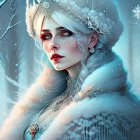Fantasy illustration of woman with pale skin, blue eyes, white hair, crystal tiara, snowy