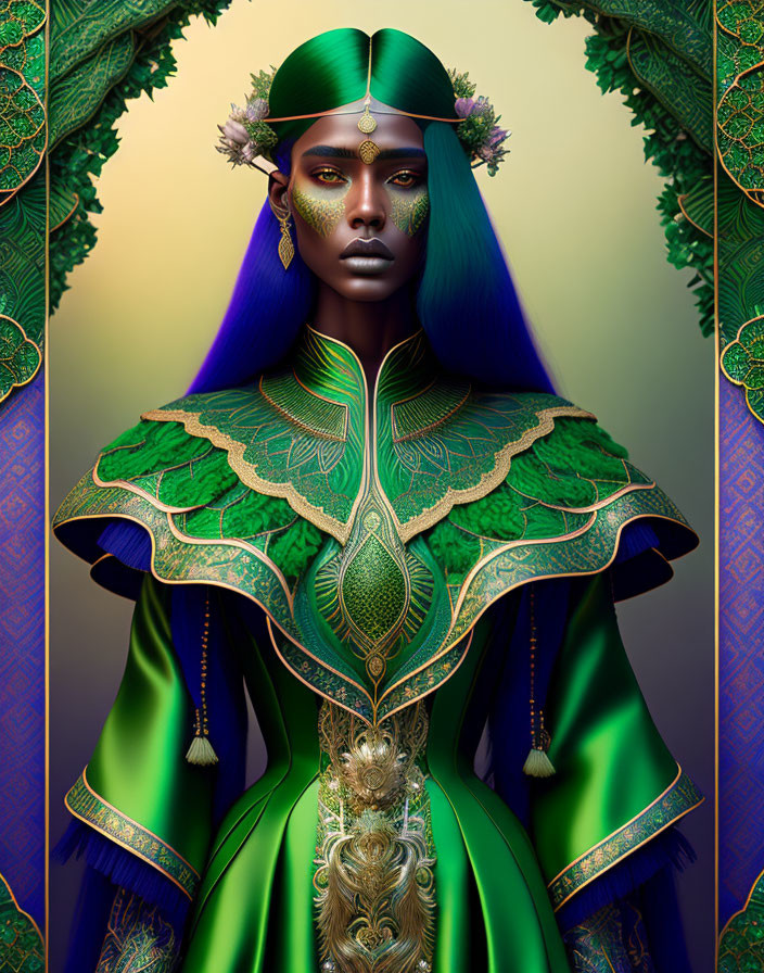 Regal woman digital art portrait with blue skin and ornate green and gold attire