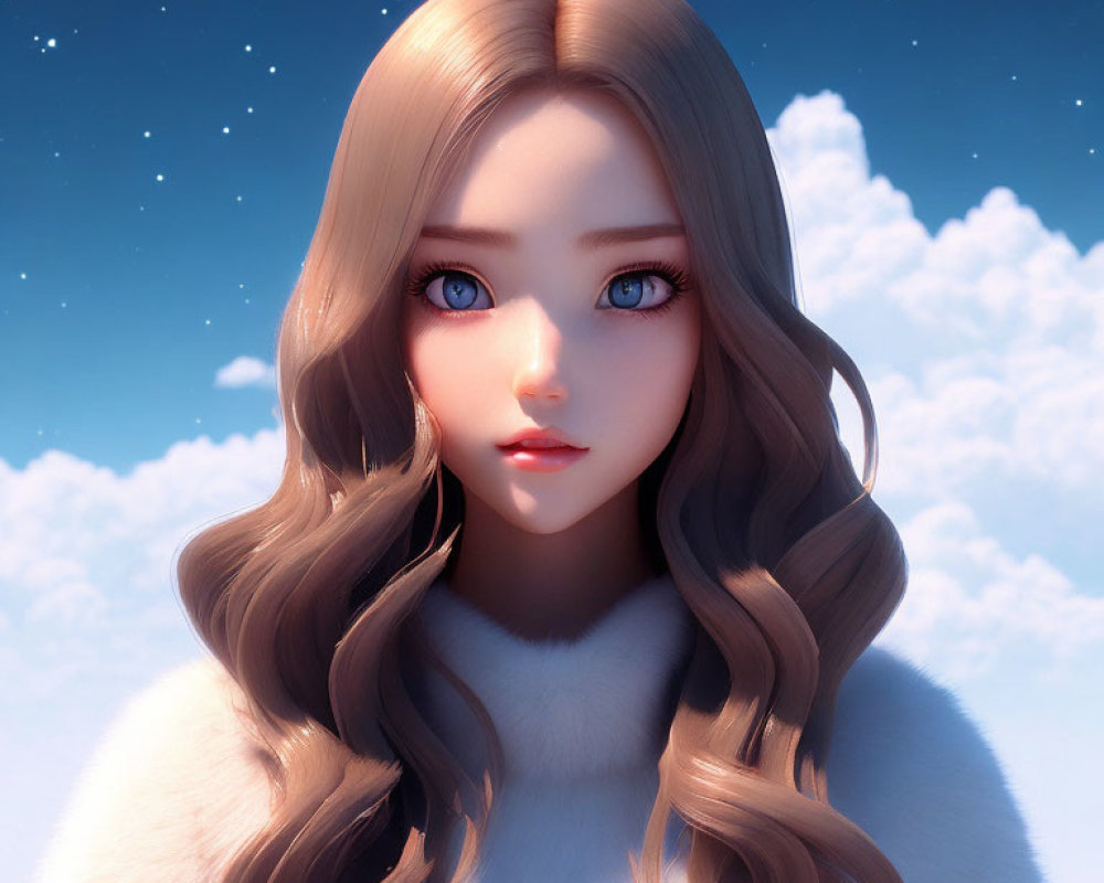 Female character with long wavy brown hair and purple eyes on night sky backdrop