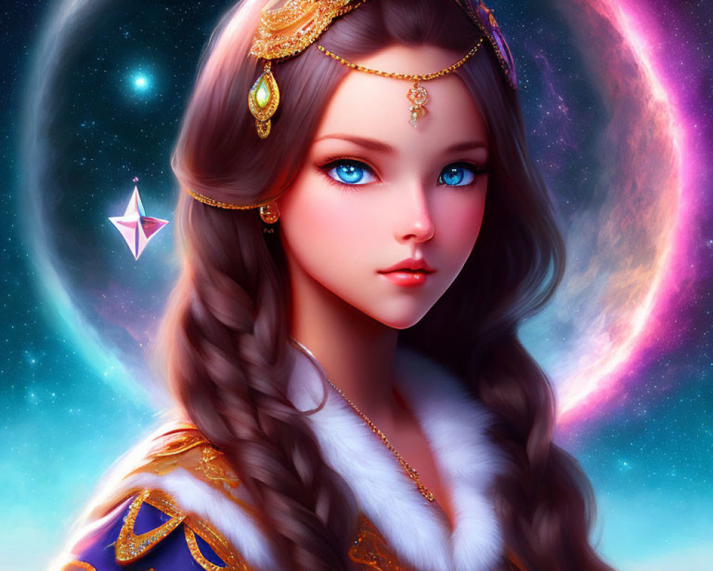 Fantasy female character with blue eyes and golden headpiece in galactic setting