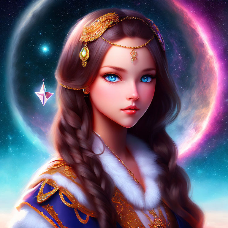 Fantasy female character with blue eyes and golden headpiece in galactic setting