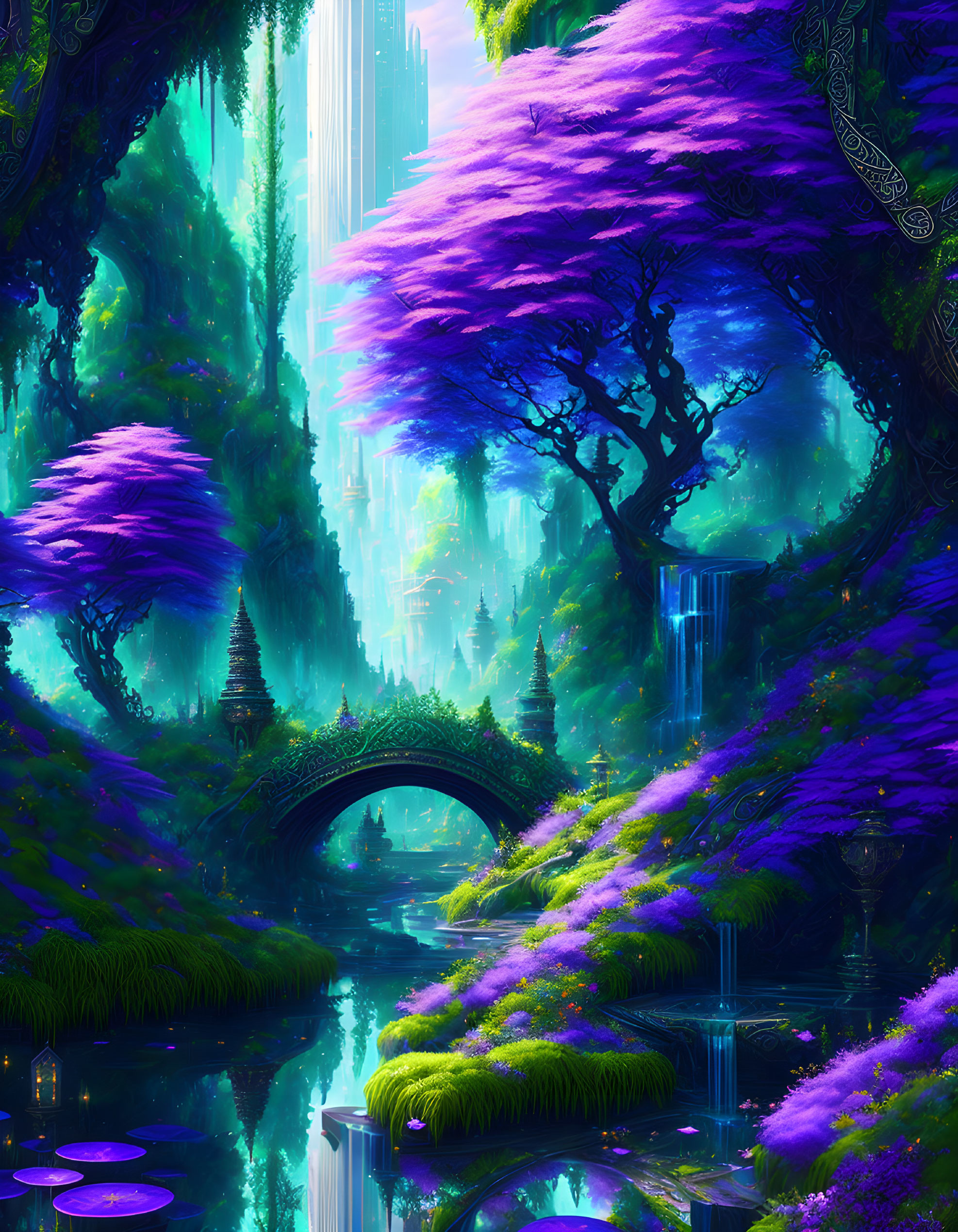 Fantasy forest with purple foliage, stone bridge, river, waterfalls, and mystical structures