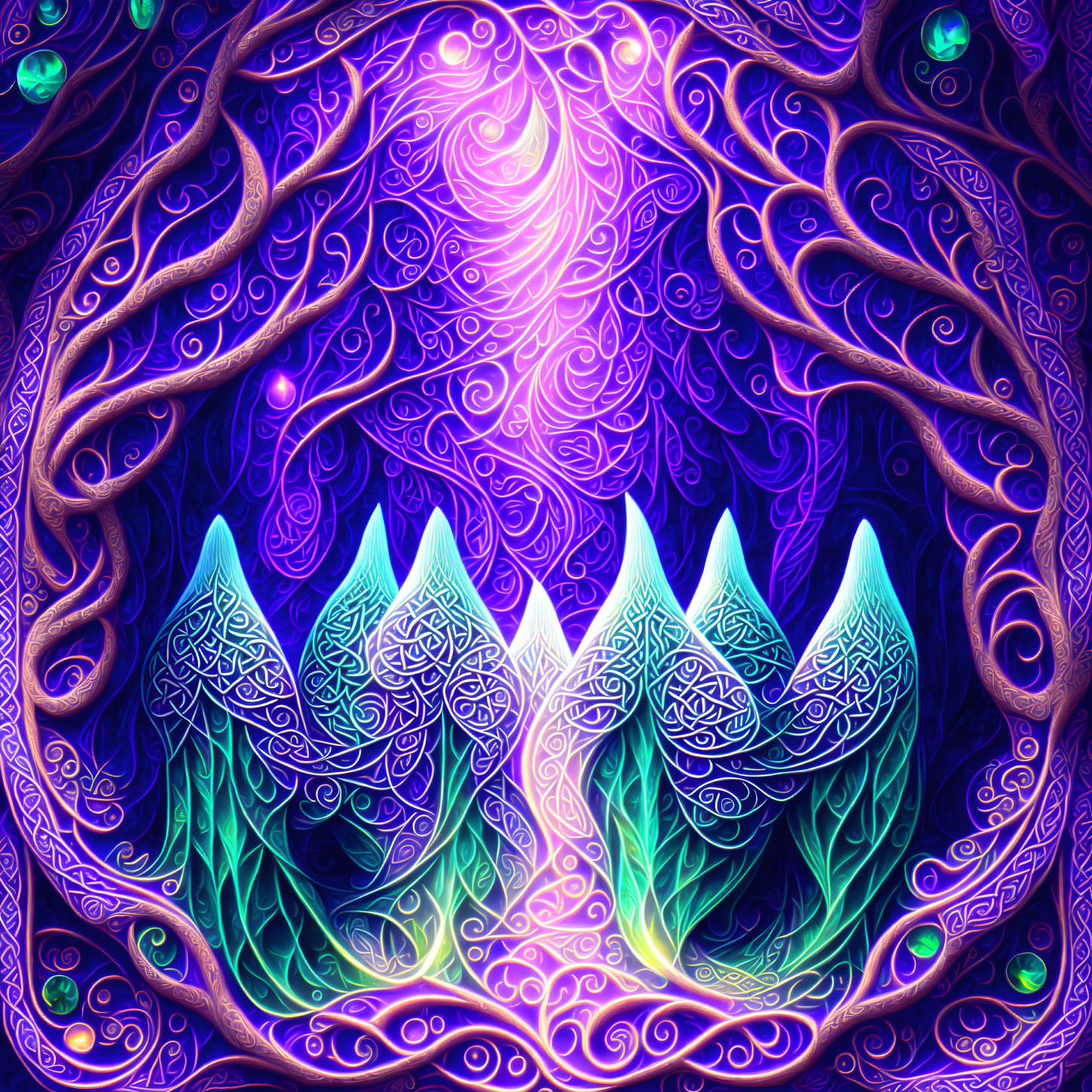 Colorful digital artwork: Glowing trees on mystical background
