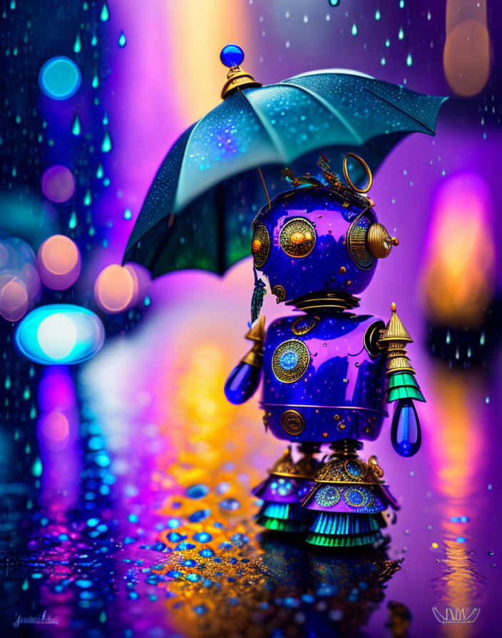Colorful Steampunk Robot with Umbrella and Lantern in Rainy Scene