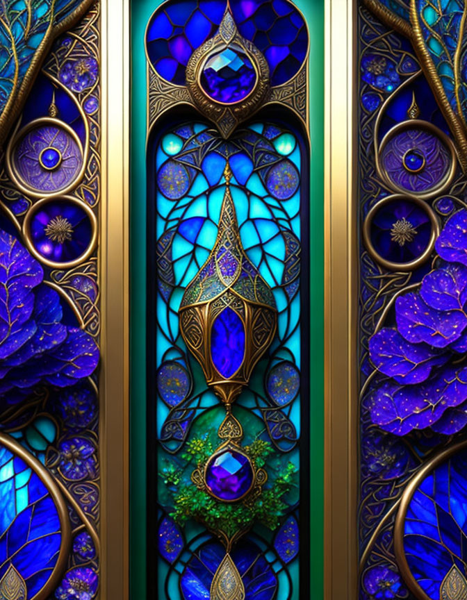 Vibrant blue stained glass digital artwork with gold filigree and gemstone details