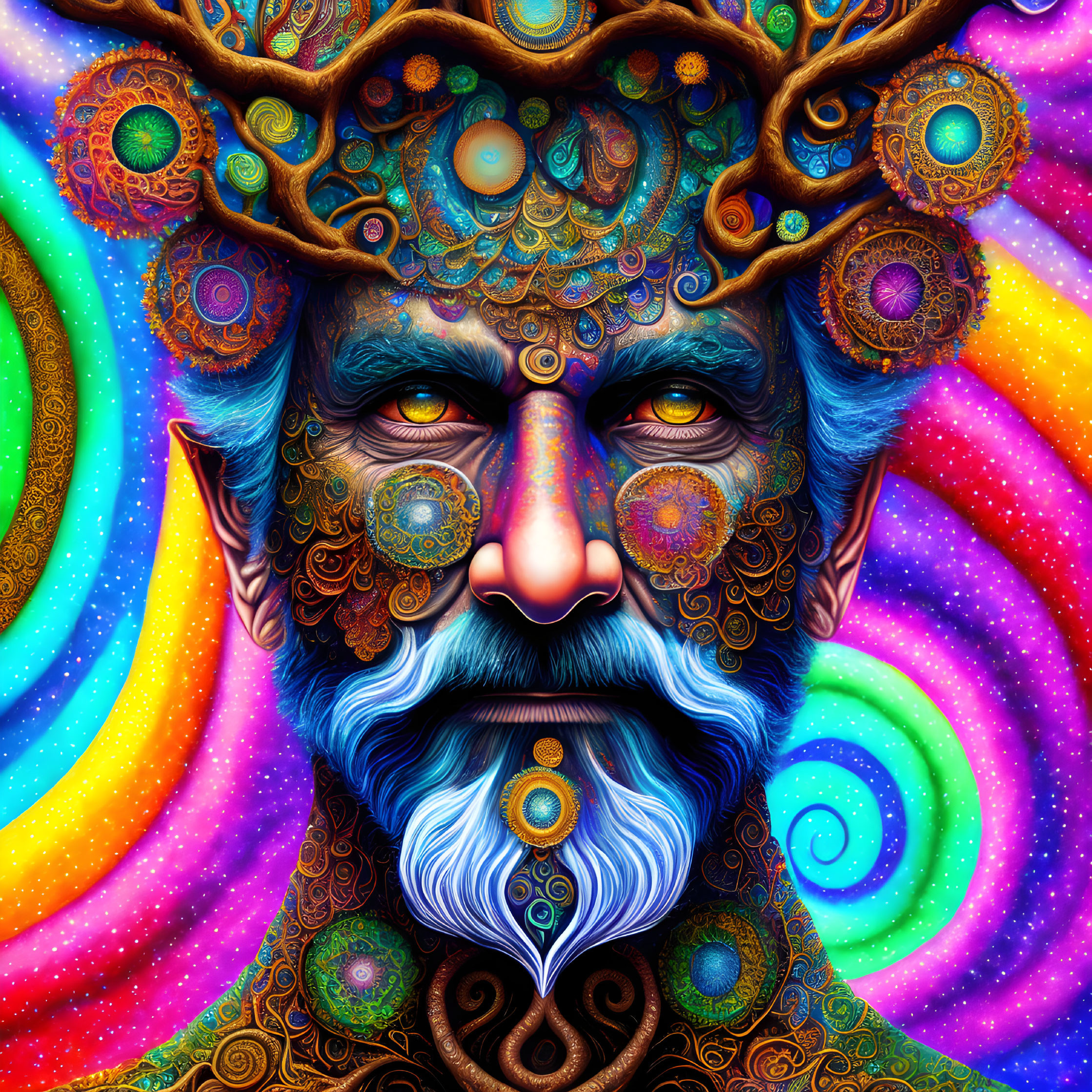 Colorful Psychedelic Portrait of Bearded Figure with Cosmic Motifs
