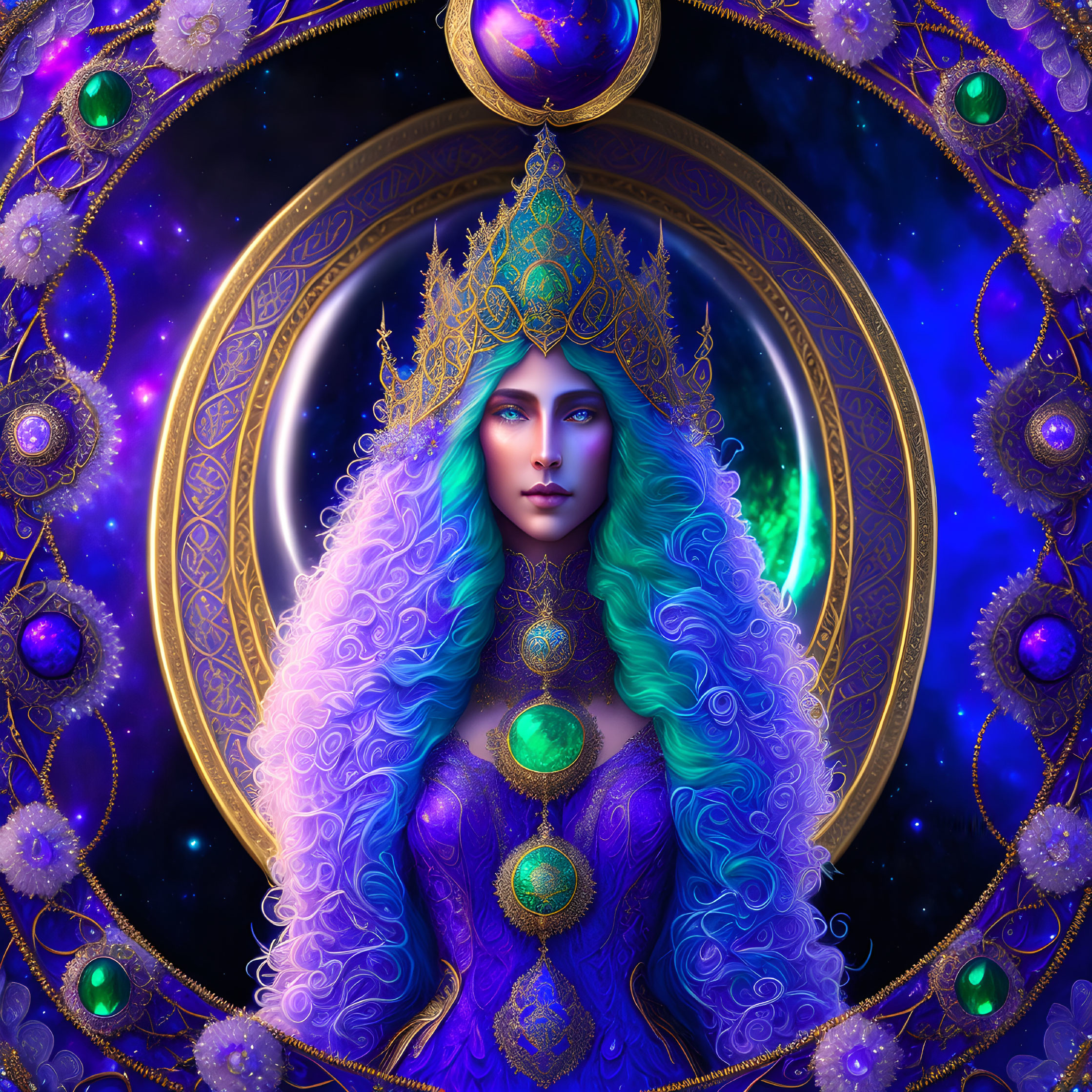Regal figure with blue and purple hair in cosmic setting