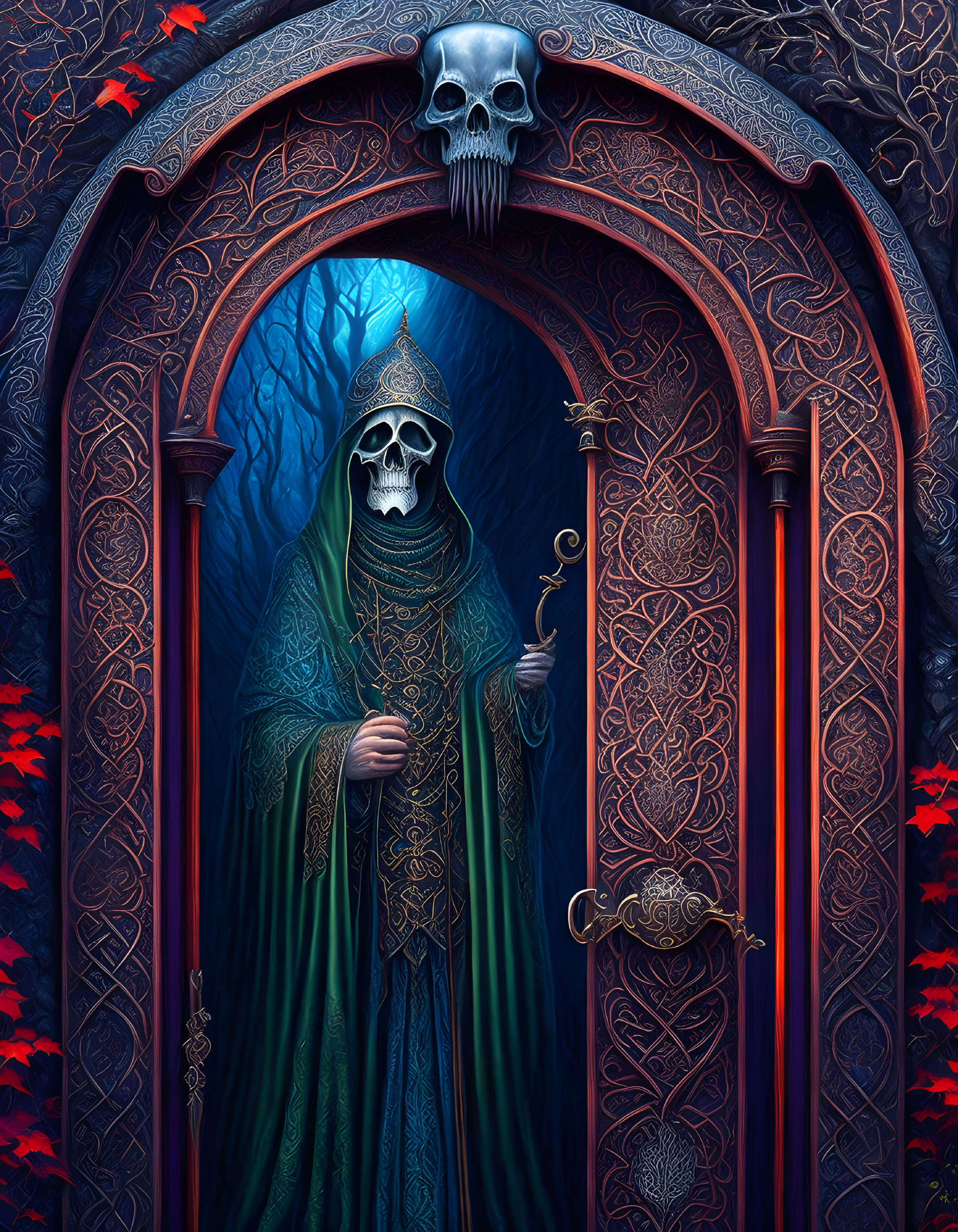 Skeleton figure with key in gothic archway, ivy, skull.