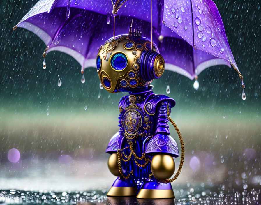 Steampunk-style robot with golden details holding purple umbrella in rain shower against bokeh background