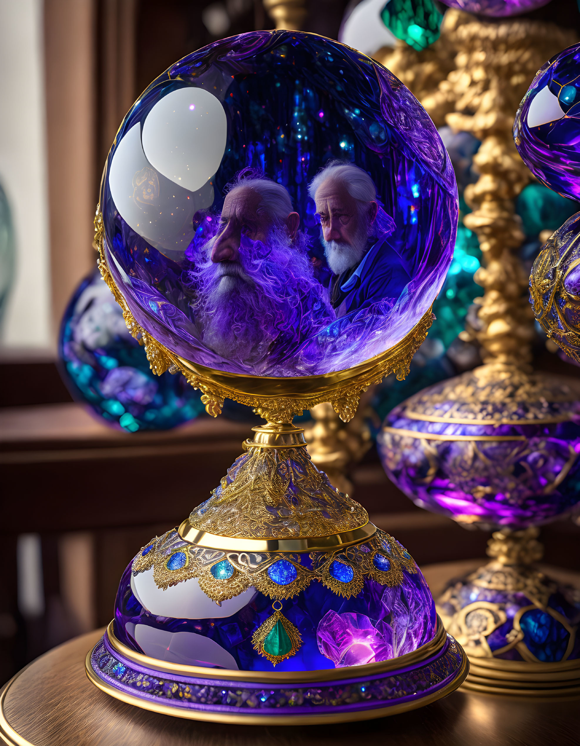 Ornate Crystal Ball with Wizards and Mystical Energy