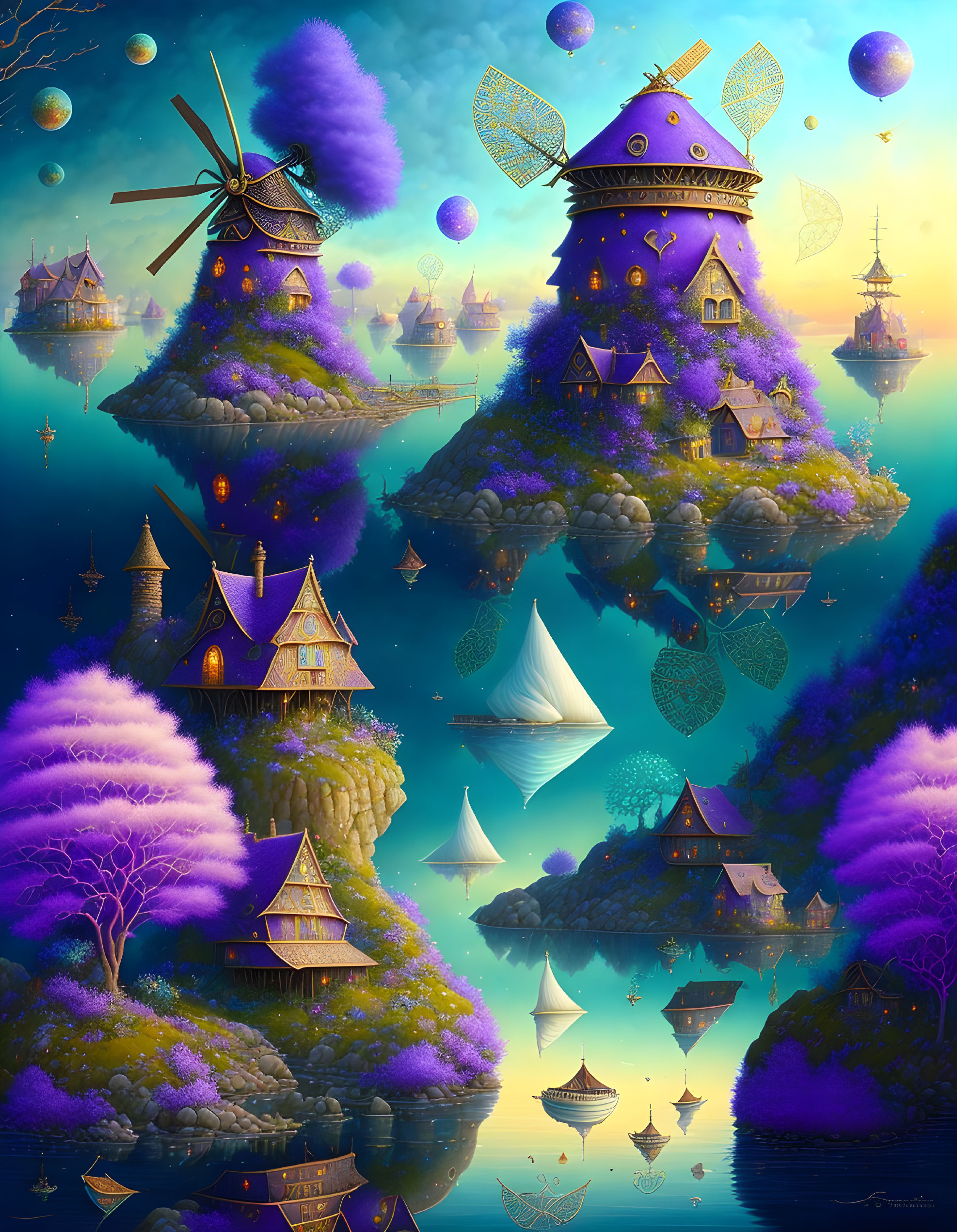 Twilight floating island with purple foliage and windmills