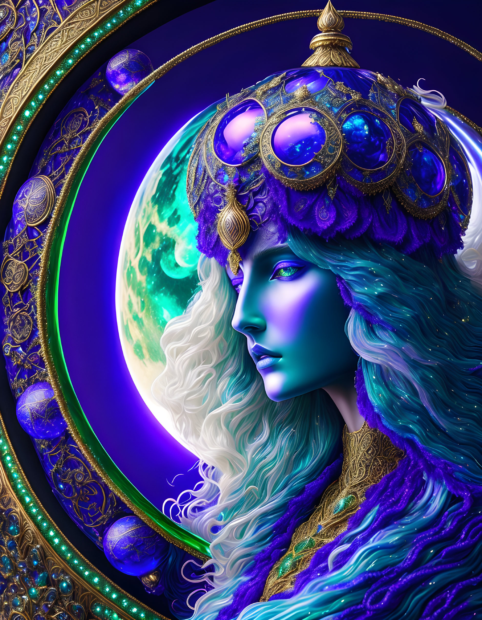 Detailed digital artwork of mystical female figure with blue skin and white hair, wearing golden headdress and jewelry