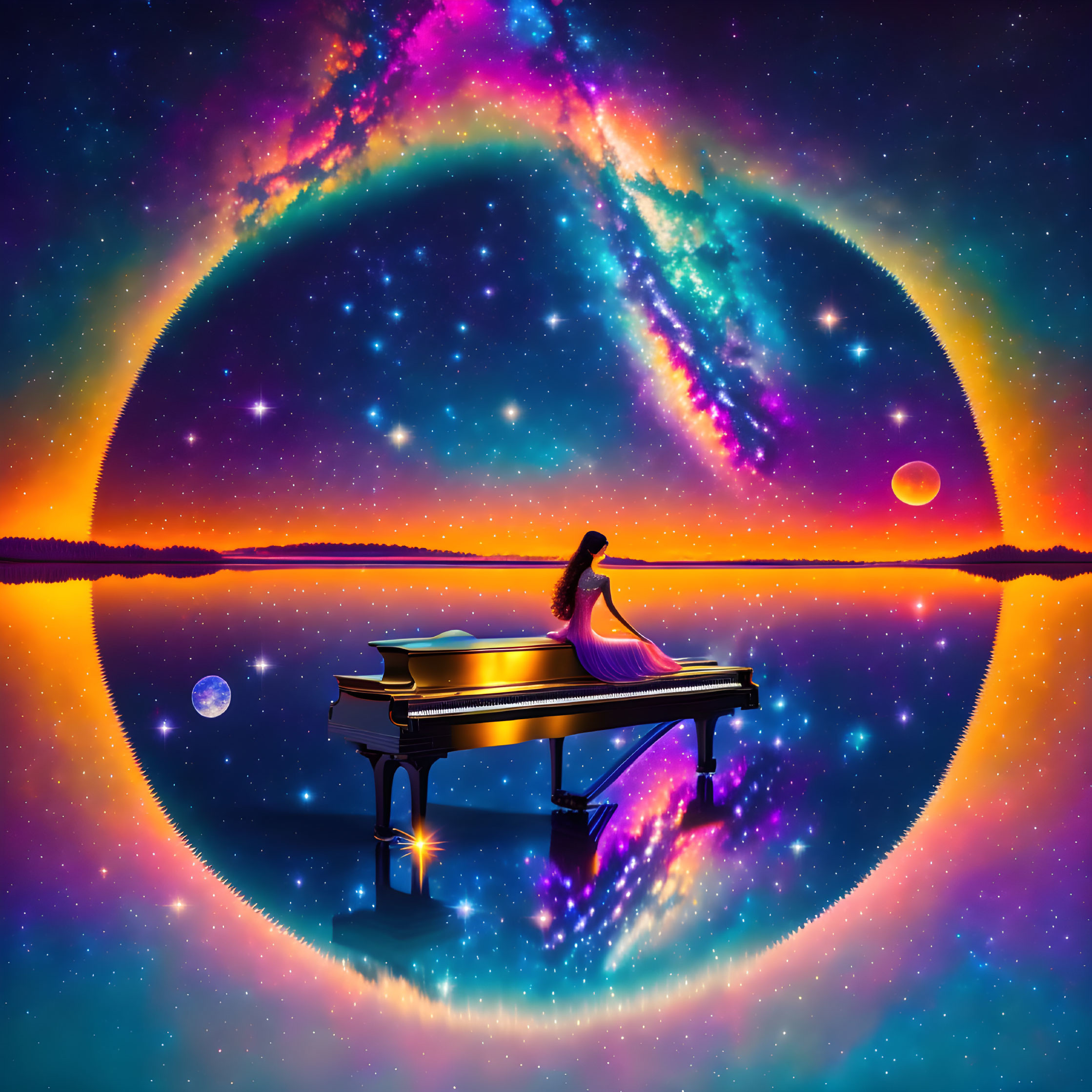 Woman playing grand piano with cosmic backdrop