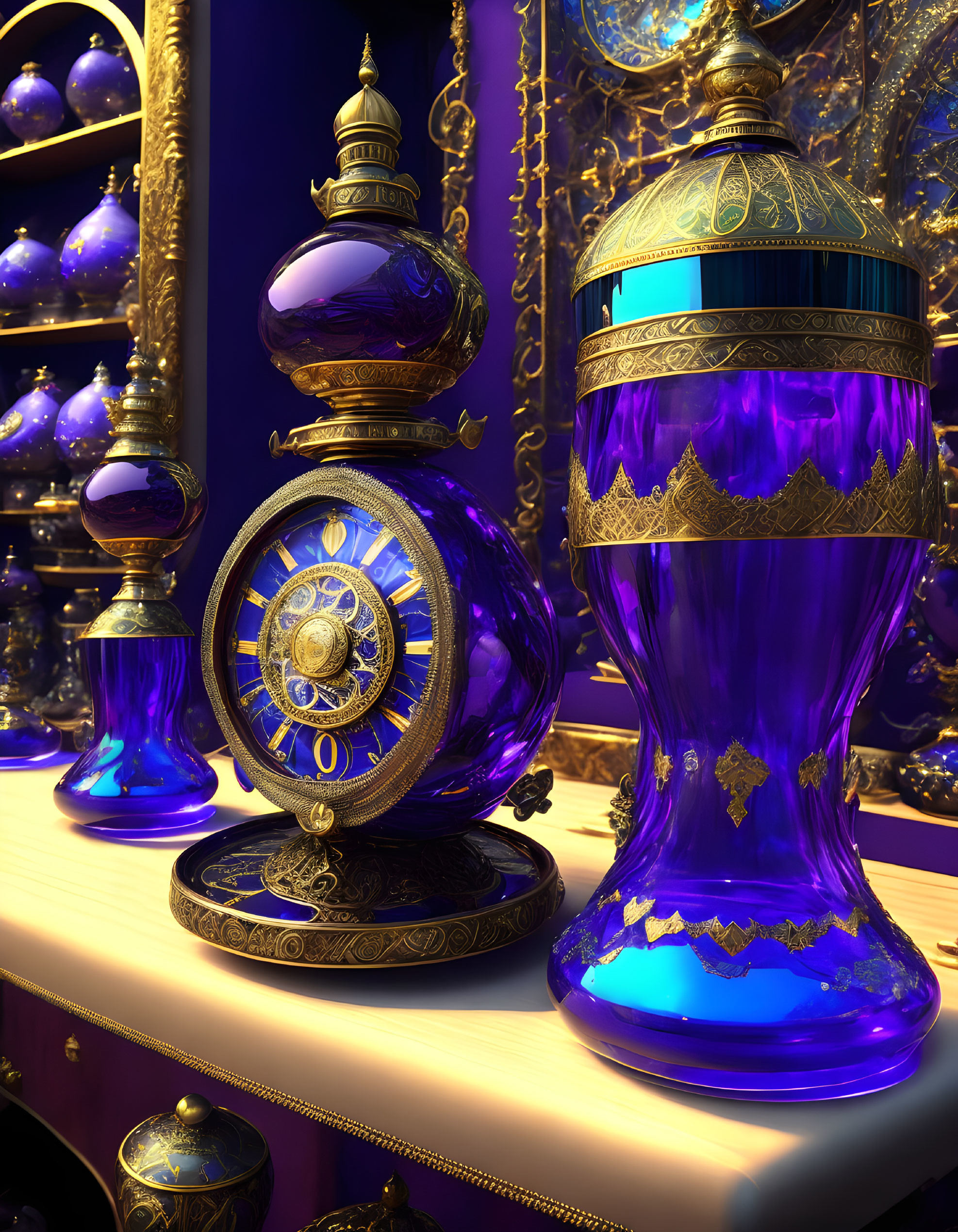 Luxurious golden and purple hourglasses with intricate designs on matching spherical objects and ornate patterns