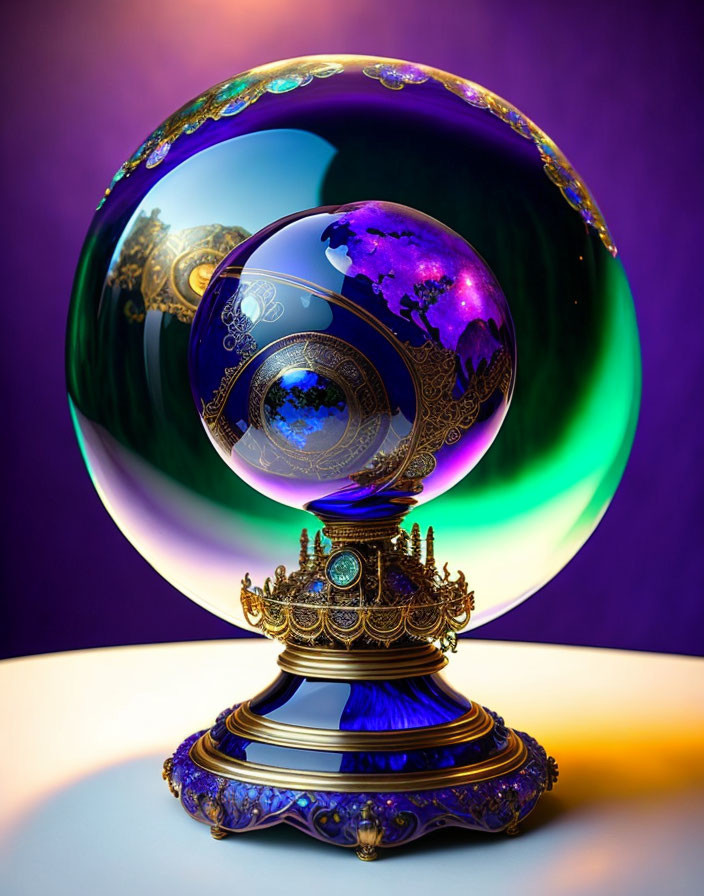 Colorful spherical ornamental object on detailed stand with purple and green background.