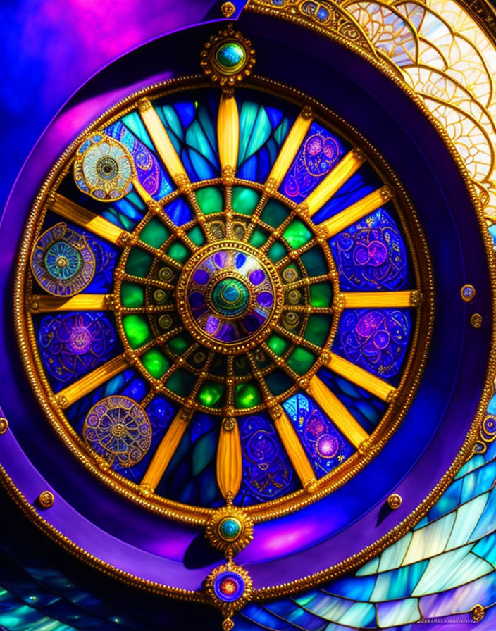 Circular pattern stained glass window in blues, purples, golds, and teals