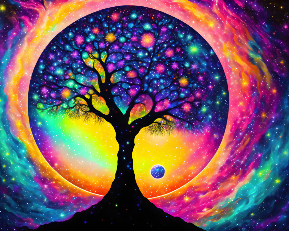 Colorful Cosmic Tree Against Starry Space Background