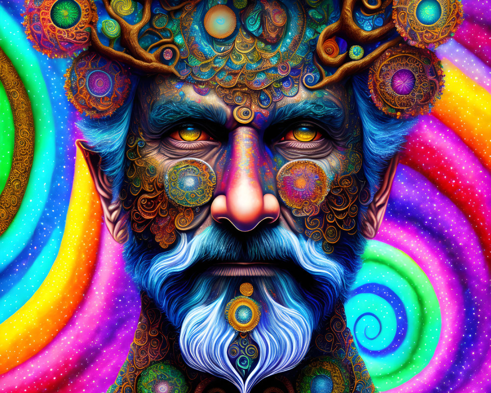 Colorful Psychedelic Portrait of Bearded Figure with Cosmic Motifs