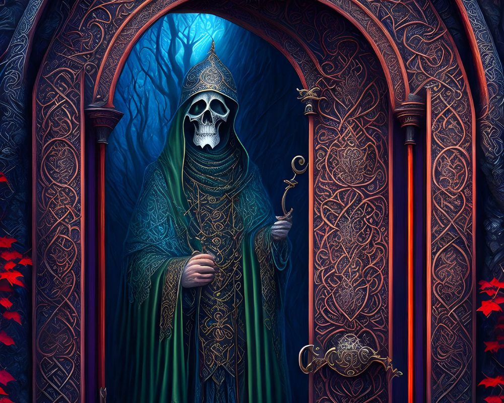 Skeleton figure with key in gothic archway, ivy, skull.