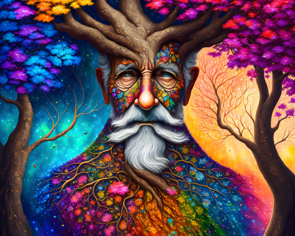 Colorful tree with man's face: intricate patterns and vibrant foliage