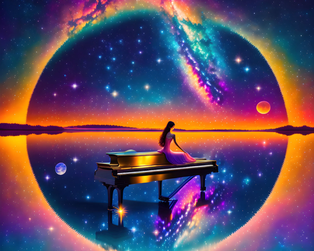 Woman playing grand piano with cosmic backdrop