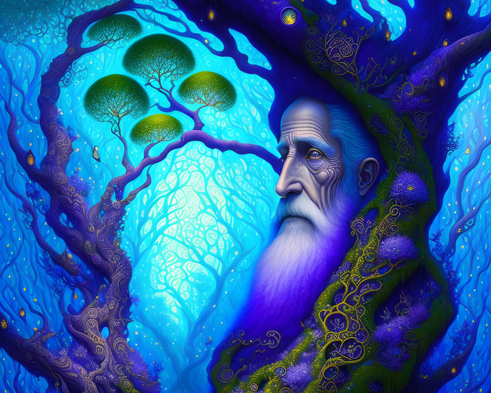 Elder's face integrated with blue tree in mystical artwork