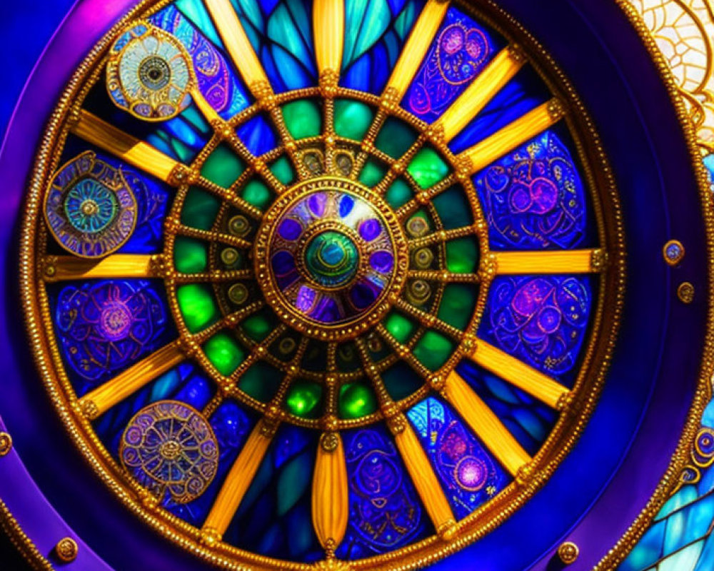 Circular pattern stained glass window in blues, purples, golds, and teals