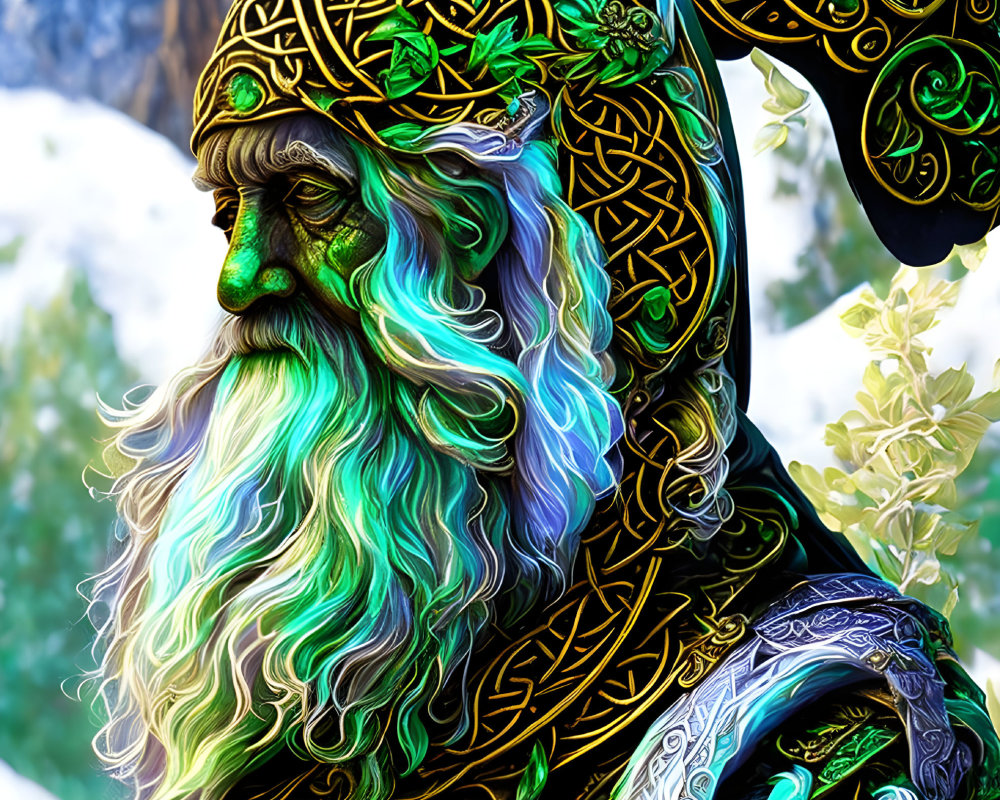 Intricate illustration of wise, bearded figure in golden Celtic armor on snowy background
